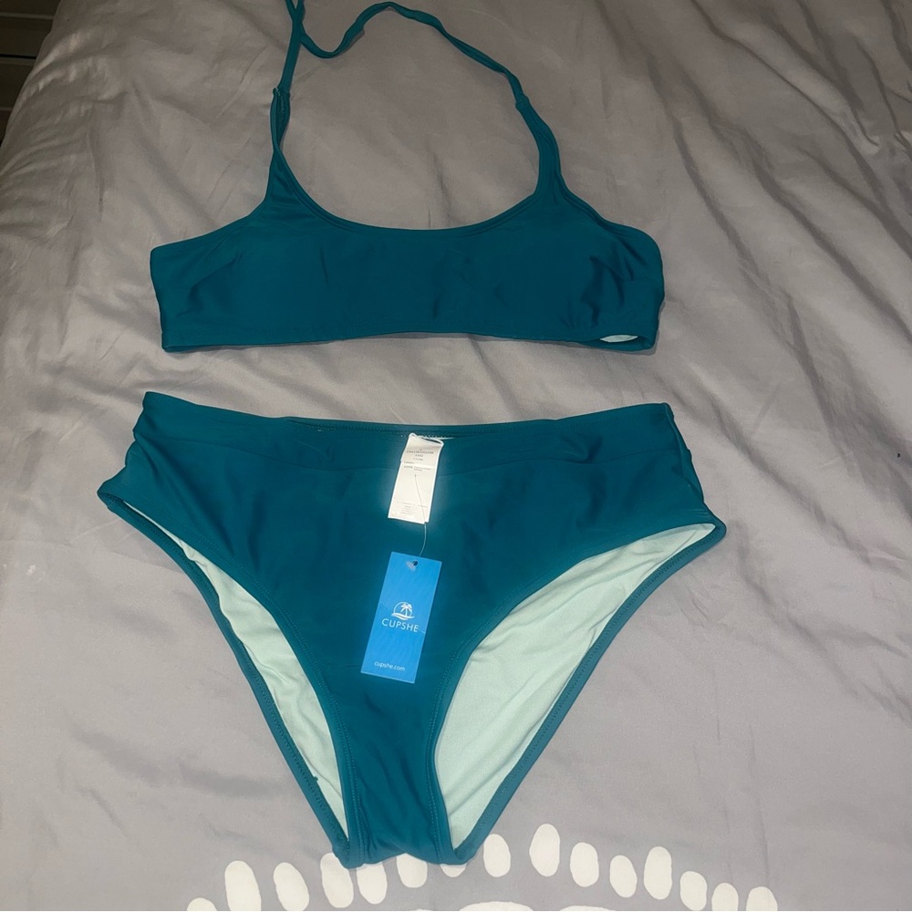 NWT Cupshe Scoop Halter and High Wasted Bottom Bikini Set | Teal | Size Large